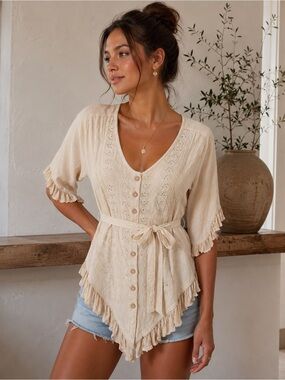 My Choice Women’s Boho Embroidered Tie Waist Ruffle Top-100% Rayon. Size: Large